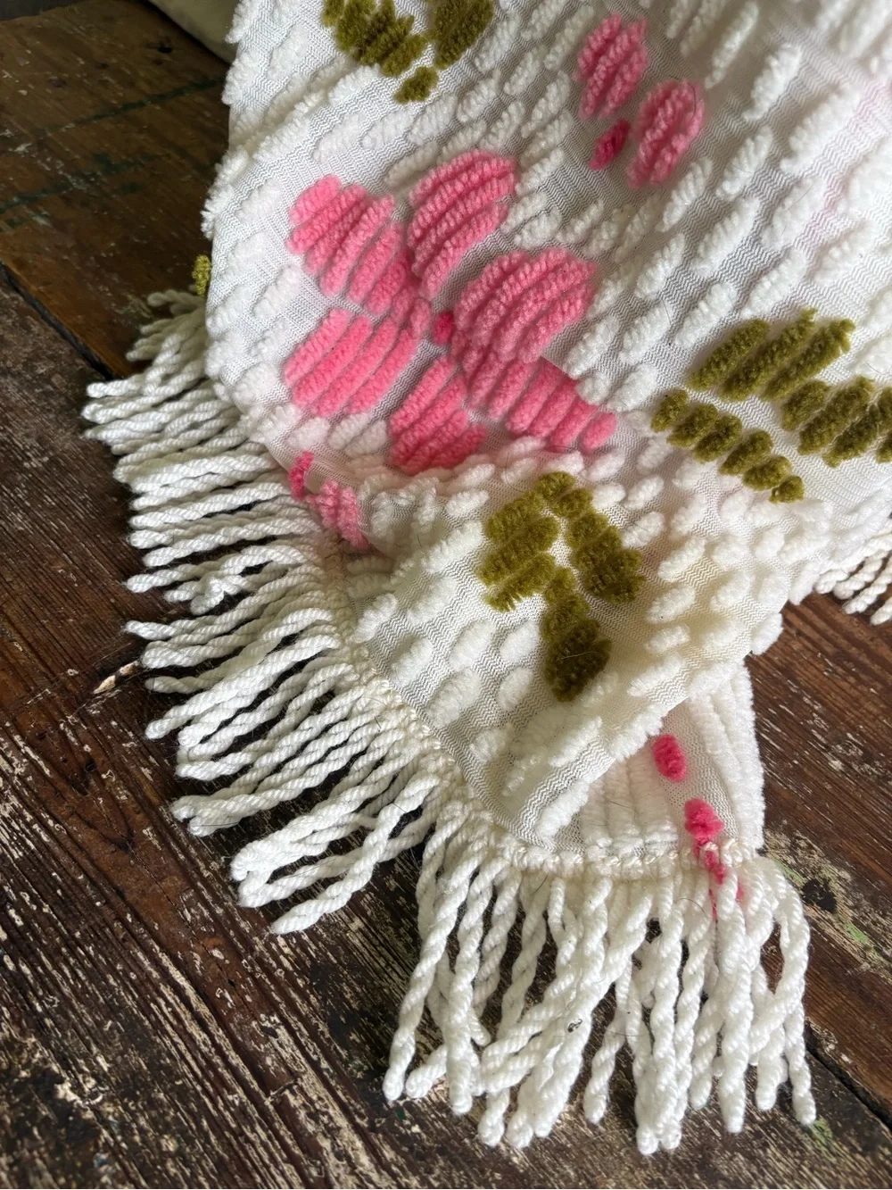 White Chenille Throw Blanket with Pink Floral Pattern